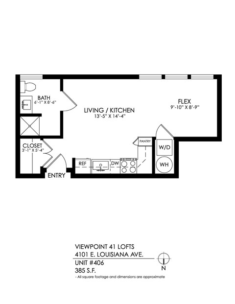 A floor plan of a loft apartment with a living and kitchen area, a bathroom, a closet, and a pannex.